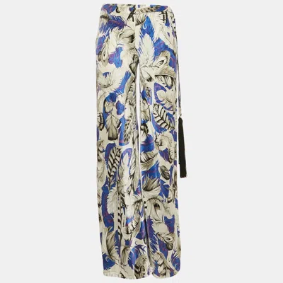 Pre-owned Roberto Cavalli Multicolor Feather Print Silk Satin Wide Leg Trousers S