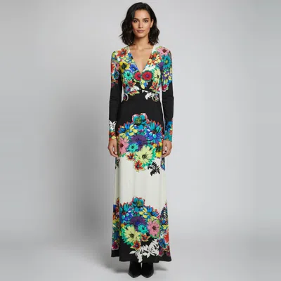 Pre-owned Roberto Cavalli Multicolor Floral Print Jersey Plunge Neck Maxi Dress L