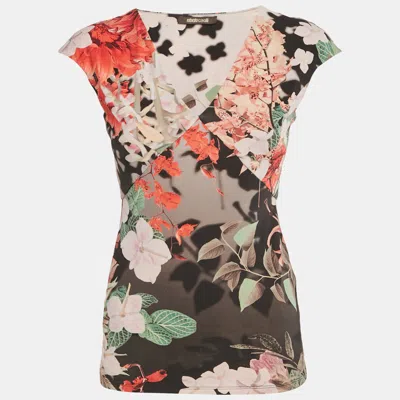 Pre-owned Roberto Cavalli Multicolor Floral Print Jersey V-neck Top S