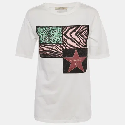 Pre-owned Roberto Cavalli Multicolor Jersey Walk Of Fame Patched Crew Neck T-shirt Xs In White