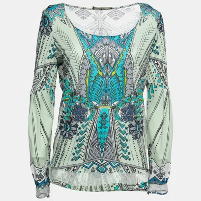 Pre-owned Roberto Cavalli Multicolor Printed Jersey Lace Trimmed Top M