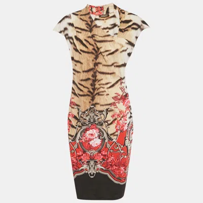 Pre-owned Roberto Cavalli Multicolor Printed Jersey Ruched Midi Dress L