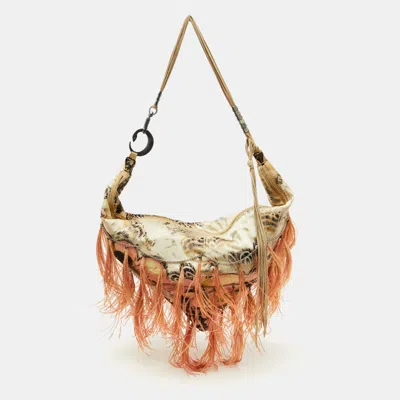 Pre-owned Roberto Cavalli Multicolor Printed Satin Feather Trimmed Shoulder Bag