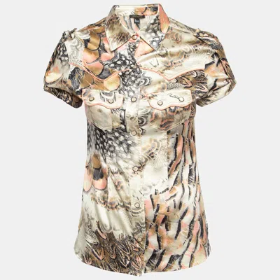 Pre-owned Roberto Cavalli Multicolor Printed Satin Silk Glitter Detail Shirt S