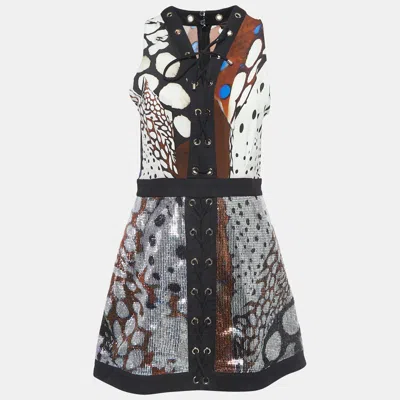 Pre-owned Roberto Cavalli Multicolor Printed Sequin And Cotton Lace-up Mini Dress M