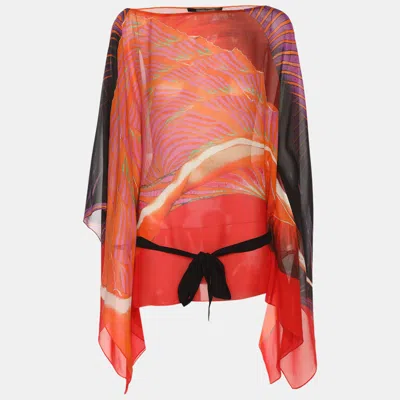 Pre-owned Roberto Cavalli Multicolor Printed Silk Chiffon Waist Tie Detail Kaftan Top S