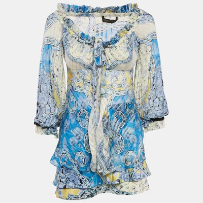 Pre-owned Roberto Cavalli Multicolor Printed Tie-up Top And Skirt Set S