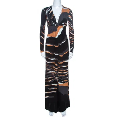 Roberto Cavalli Multicolor Stretch Jersey Draped V Neck Maxi Dress In Black