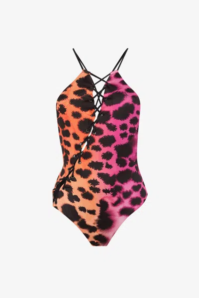 Roberto Cavalli Murena-print Lace-up Swimsuit In Fuxia