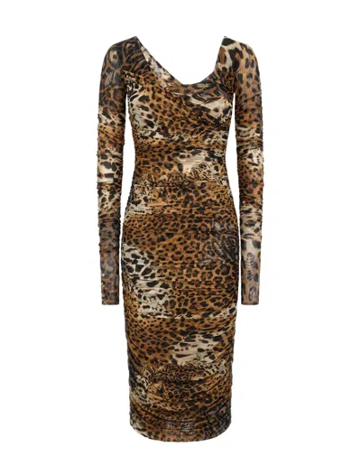 Roberto Cavalli Jaguar Skin-print Ruched Dress In Light Brown