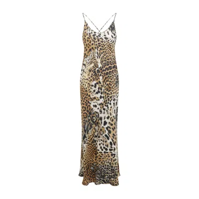 ROBERTO CAVALLI ROBERTO CAVALLI NATURAL BEIGE SILK JAGUAR SKIN MAXI DRESS