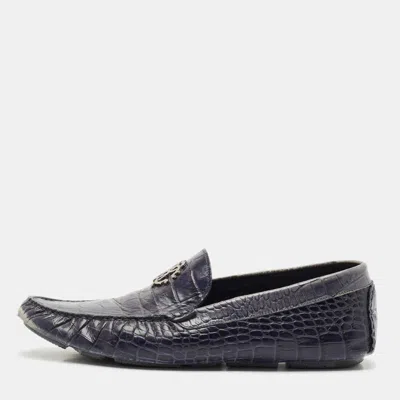 Pre-owned Roberto Cavalli Navy Blue Croc Embossed Leather Slip On Loafers Size 44