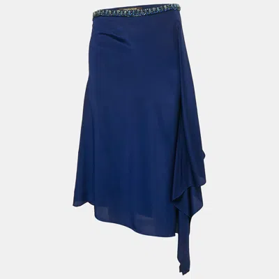 Pre-owned Roberto Cavalli Navy Blue Embellished Waist Silk Handkerchief Hem Skirt L