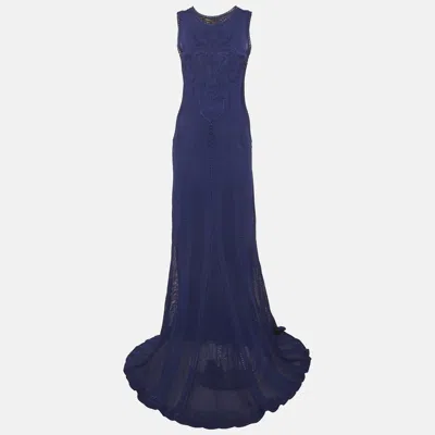 Pre-owned Roberto Cavalli Navy Blue Jacquard Knit Maxi Dress L