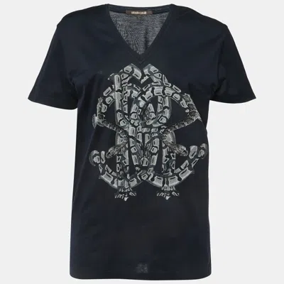 Pre-owned Roberto Cavalli Navy Blue Logo Print Cotton V-neck Half Sleeve T-shirt M