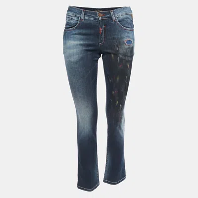 Pre-owned Roberto Cavalli Navy Blue Printed Denim Jeans S