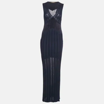 Pre-owned Roberto Cavalli Navy Blue Textured Knit Wool Trim Sleeveless Maxi Dress S