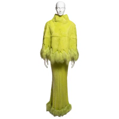 Pre-owned Roberto Cavalli Neon Green Velvet & Fur Evening Dress & Cape Ensemble Fw 1999