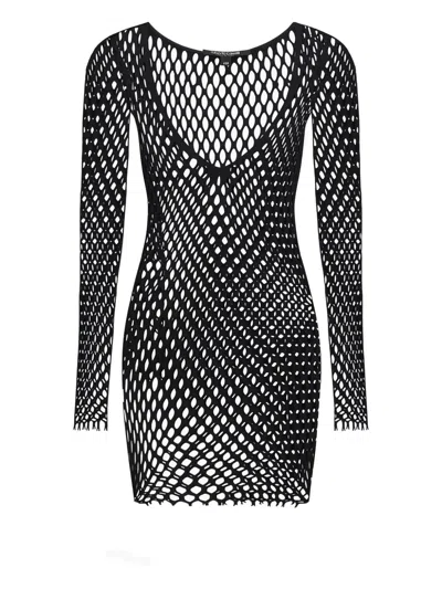 Roberto Cavalli Net-pattern Long-sleeve Mini Beach Dress In Black