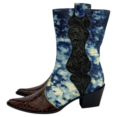 Pre-owned Roberto Cavalli New 2000s  Blue Abstract Leather Croc Cowgirl Boots 39