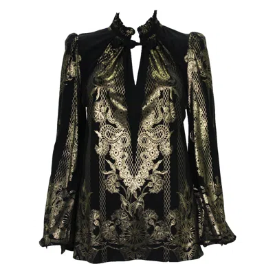 Pre-owned Roberto Cavalli New  Black Gold Print Stretch Blouse