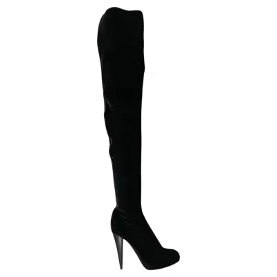 Pre-owned Roberto Cavalli New  Black Stretch-velvet Thigh High Boots Size 39 - 9