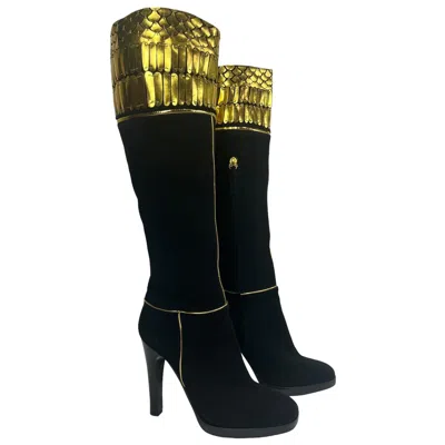 Pre-owned Roberto Cavalli New  Black Suede Leather Knee Length Boots Gold Detail 38.5 & 41