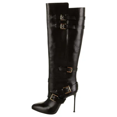 Pre-owned Roberto Cavalli New  Buckle Stiletto Heel Black Leather Platform Boots 37 - Us 7