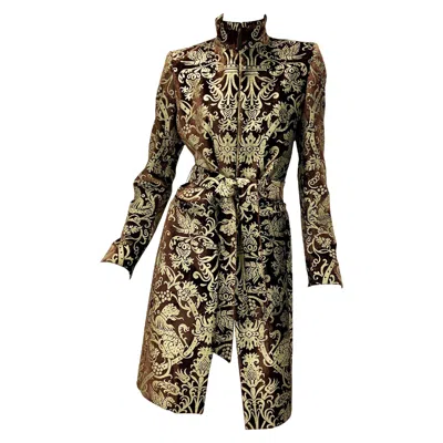 Pre-owned Roberto Cavalli New  Fw 2006 Brown Velvet Metallic Gold Painted Belted Coat It 40