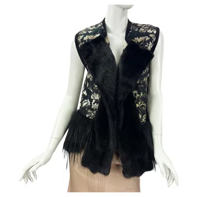 Pre-owned Roberto Cavalli New  Mink Fox Silk Vest Italian 44 In Black
