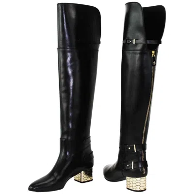 Pre-owned Roberto Cavalli New  Over-the-knee Leather Boots Honeycomb Pattern Heel 36.5 6.5 In Black
