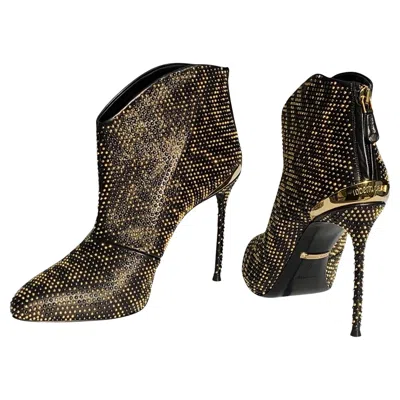 Pre-owned Roberto Cavalli Nwt $2160  Fully Micro Studs Black Gold Leather Ankle Boots It 39