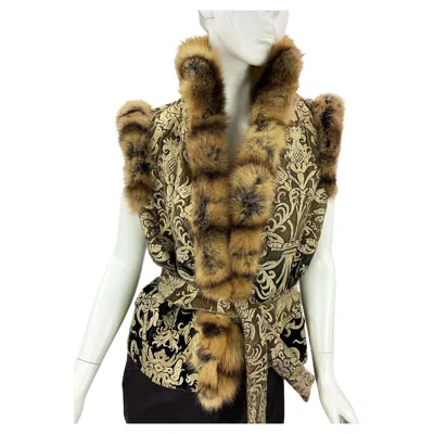 Pre-owned Roberto Cavalli Nwt $7380  Fw 2006 Metallic Gold Painted Velvet Sable Trim Vest 6 In Brown