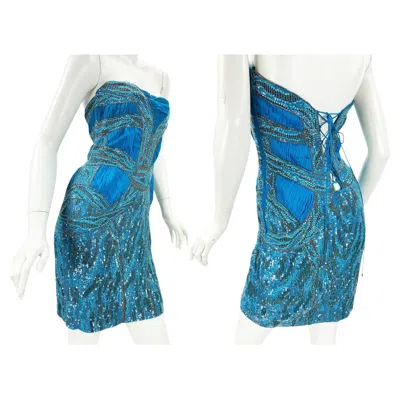 Pre-owned Roberto Cavalli Nwt  Fully Embellished Blue Corset Lace-up Mini Dress Italian 44