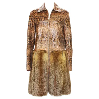 Pre-owned Roberto Cavalli Nwt  Snake Fur Fox Coat Jacket Italian 44 - Us 8 In Brown