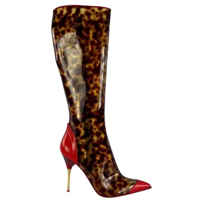 Pre-owned Roberto Cavalli Nwt S/s 2003  Cheetah Print Pvc Transparent Boots 39 In Brown