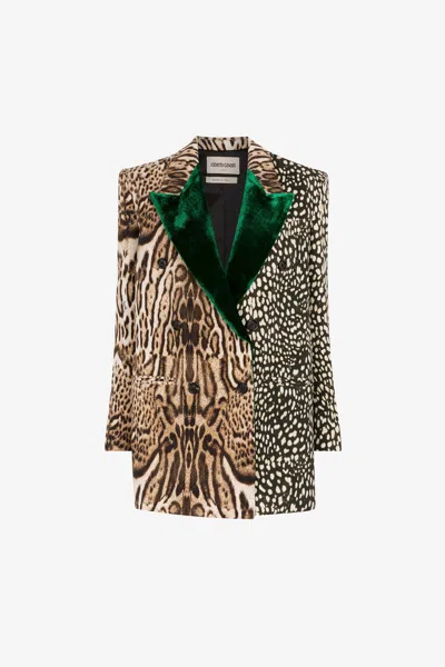 Roberto Cavalli Ocelot And Cheetah-print Double-breasted Blazer In Light Brown