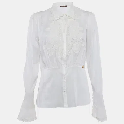 Pre-owned Roberto Cavalli Off-white Cambric Cotton Floral Lace Trimmed Blouse L