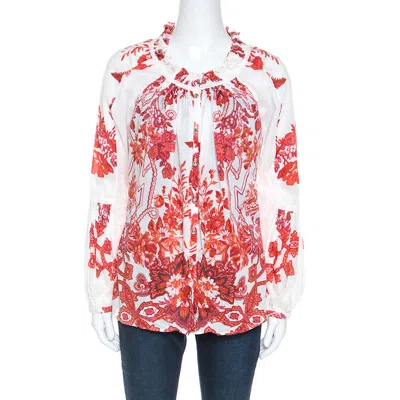 Roberto Cavalli Off White Floral Printed Ruched Detail Shirt In Multi