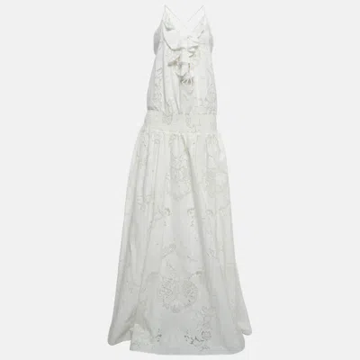 Pre-owned Roberto Cavalli Off-white Semi Sheer Patterned Cotton Frill Detailed Maxi Dress M