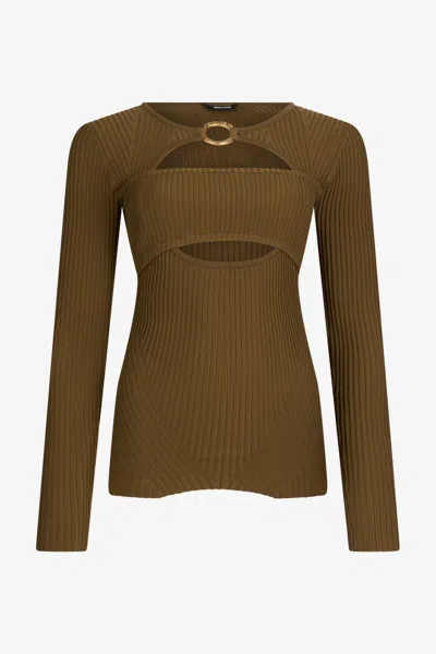 Roberto Cavalli Olive Green Ribbed Cut-out Sweater