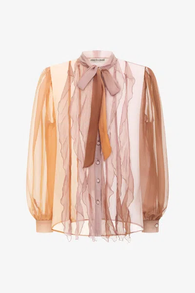 Roberto Cavalli Ruffled Sheer Shirt In Bronze/orange