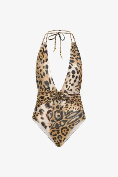 Roberto Cavalli One-piece Swimsuit With Jaguar Skin Print In Light Brown