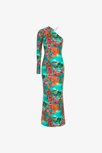 Roberto Cavalli One-shoulder Long Dress With Jungle Print In Light Blue