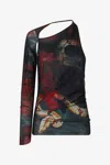 Roberto Cavalli One-sleeve Sweater With Rose And Snake In Bianco Rosso Nero
