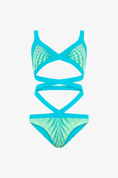 Roberto Cavalli Optical Glass Print Trikini In Verde