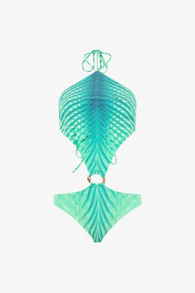 Roberto Cavalli Optical Glass Print Trikini With Snake Ring In Verde