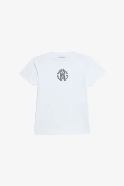 Roberto Cavalli Optical White T-shirt With Rc Monogram In Rhinestones In Blue