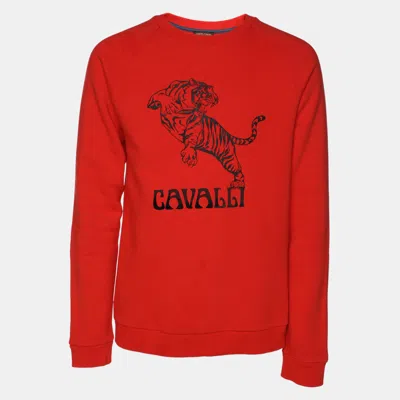 Pre-owned Roberto Cavalli Orange Cotton Knit Blend Tiger Print Sweatshirt L