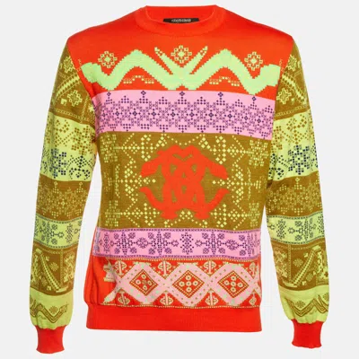 Pre-owned Roberto Cavalli Orange Logo Geometric Jacquard Knit Sweater M